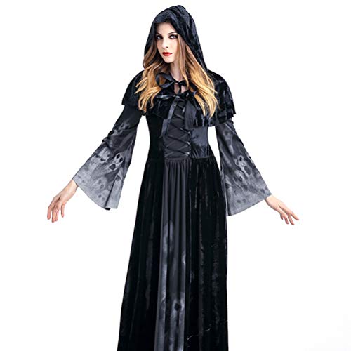 HEITIGN Disfraz De Bruja De Halloween, Vestido De Encaje De Capa Delgada Vestido De Manga Larga De Novia Fantasma Vampiro, Abrigo con Capucha Disfraces De Bruja para Fiesta Cosplay Fancy Ladies, S