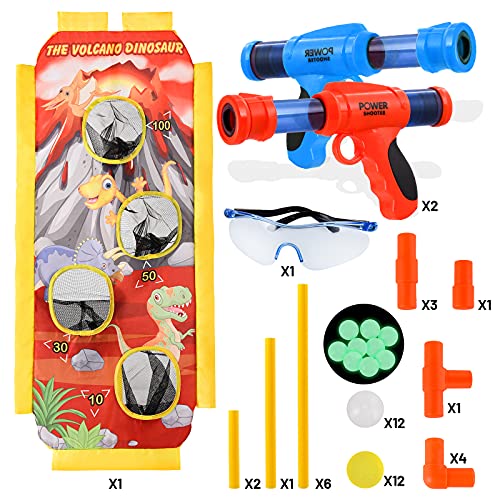 Herefun Juego de Tiro para Niños, 2 PCS Pistola de Juguete, Juegos de Tiro al Blanco al Aire Libre con 24 Bolas de Espuma + Blanco de Tiro de Pie + Gafas de Seguridad, Regalo Ideal para Niños y Niñas