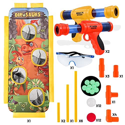 Herefun Juego de Tiro para Niños, 2 PCS Pistola de Juguete, Juegos de Tiro al Blanco al Aire Libre con 24 Bolas de Espuma + Blanco de Tiro de Pie + Gafas de Seguridad, Regalo Ideal para Niños y Niñas