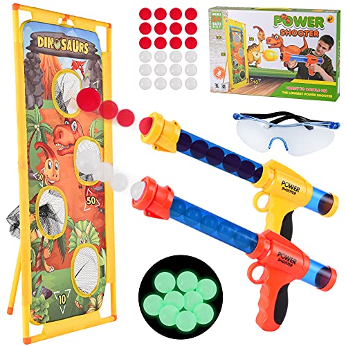 Herefun Juego de Tiro para Niños, 2 PCS Pistola de Juguete, Juegos de Tiro al Blanco al Aire Libre con 24 Bolas de Espuma + Blanco de Tiro de Pie + Gafas de Seguridad, Regalo Ideal para Niños y Niñas