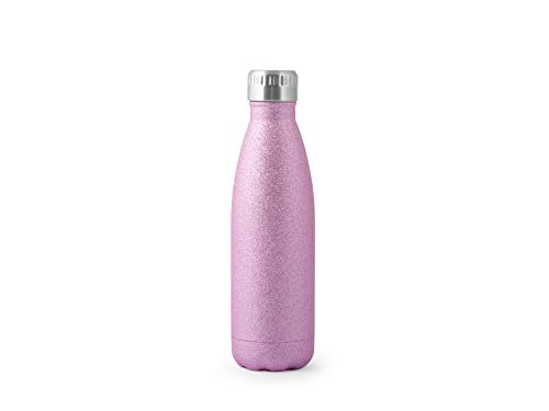 H&H Botella térmica de acero inoxidable 18/10 sin BPA, botella de agua reutilizable, para adultos y niños, termo de metal para bebidas calientes, frías con atractivo diseño 500 ml, Fucsia/Purpurina