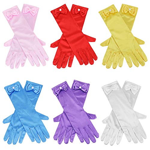 Hifot Princesa Guantes Satén Niñas 6 Pares, Boda Vestidos Cumpleaños Fiesta Carnaval Halloween Disfraz Accessorio 3-9 Años