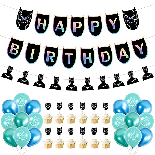 Hilloli Black Panther Globos Black Panther Decoraciones de Cumpleaños Globos de Látex de Superhéroes Cupcake Toppers Pancarta de Fiesta de Superhéroes Suministros de Fiesta Temáticos