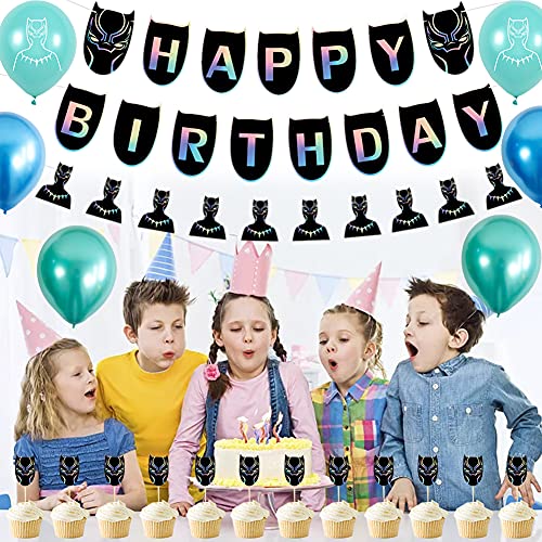 Hilloli Black Panther Globos Black Panther Decoraciones de Cumpleaños Globos de Látex de Superhéroes Cupcake Toppers Pancarta de Fiesta de Superhéroes Suministros de Fiesta Temáticos