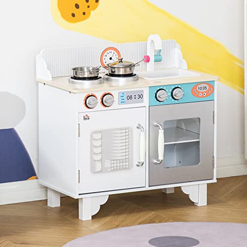 HOMCOM Cocina de Juguete de Madera para Niños de +3 Años Cocinita Infantil con 5 Accesorios Armarios de Almacenaje Estufa Grifo y Fregadero Extraíble 57x28x55 cm Blanco