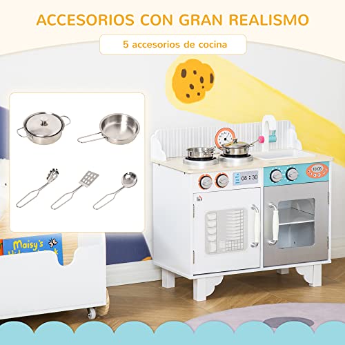 HOMCOM Cocina de Juguete de Madera para Niños de +3 Años Cocinita Infantil con 5 Accesorios Armarios de Almacenaje Estufa Grifo y Fregadero Extraíble 57x28x55 cm Blanco