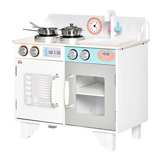 HOMCOM Cocina de Juguete de Madera para Niños de +3 Años Cocinita Infantil con 5 Accesorios Armarios de Almacenaje Estufa Grifo y Fregadero Extraíble 57x28x55 cm Blanco