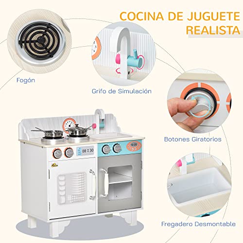 HOMCOM Cocina de Juguete de Madera para Niños de +3 Años Cocinita Infantil con 5 Accesorios Armarios de Almacenaje Estufa Grifo y Fregadero Extraíble 57x28x55 cm Blanco