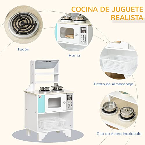 HOMCOM Cocina de Juguete de Madera para Niños de +3 Años Cocinita Infantil con Cesta de Almacenaje Accesorios Utensilios Estufa y Microondas 42x29x76 cm Blanco