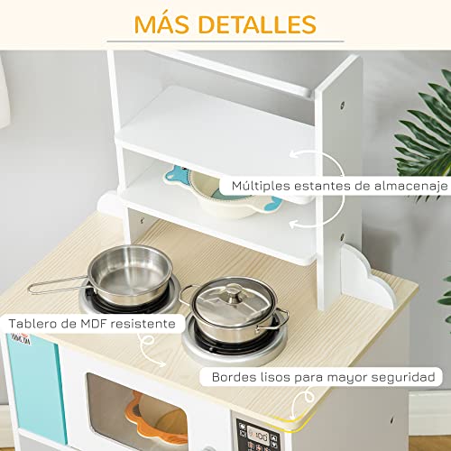 HOMCOM Cocina de Juguete de Madera para Niños de +3 Años Cocinita Infantil con Cesta de Almacenaje Accesorios Utensilios Estufa y Microondas 42x29x76 cm Blanco