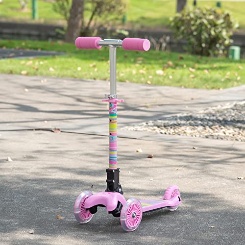 HOMCOM Patinete para Niños de +3 Años Plegable Patinete 3 Ruedas con Luces LED Manillar Altura Ajustable y Freno Posterior Carga Máxima 50 kg 54,7x32,5x59-69 cm Rosa