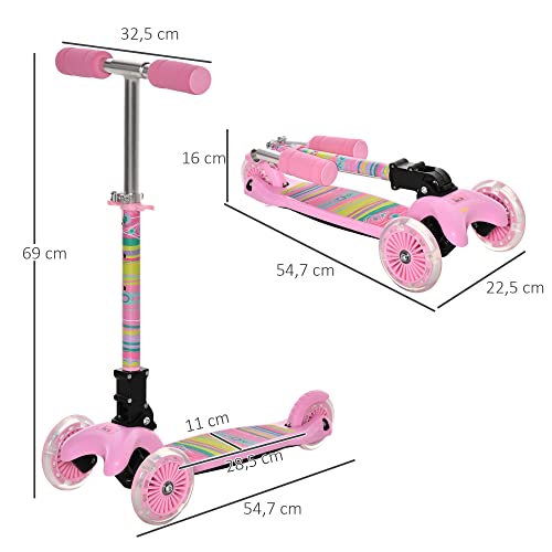 HOMCOM Patinete para Niños de +3 Años Plegable Patinete 3 Ruedas con Luces LED Manillar Altura Ajustable y Freno Posterior Carga Máxima 50 kg 54,7x32,5x59-69 cm Rosa