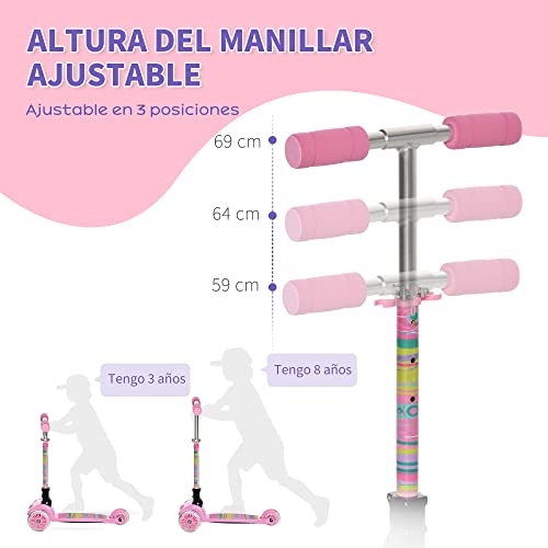 HOMCOM Patinete para Niños de +3 Años Plegable Patinete 3 Ruedas con Luces LED Manillar Altura Ajustable y Freno Posterior Carga Máxima 50 kg 54,7x32,5x59-69 cm Rosa