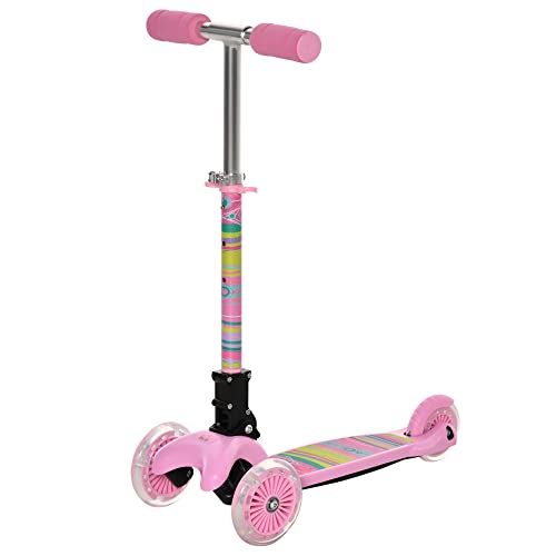 HOMCOM Patinete para Niños de +3 Años Plegable Patinete 3 Ruedas con Luces LED Manillar Altura Ajustable y Freno Posterior Carga Máxima 50 kg 54,7x32,5x59-69 cm Rosa