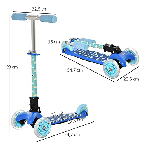 HOMCOM Patinete para Niños de +3 Años Plegable Patinete 3 Ruedas con Luces LED Manillar Altura Ajustable y Freno Posterior Carga Máxima 50 kg 54,7x32,5x59-69 cm Azul