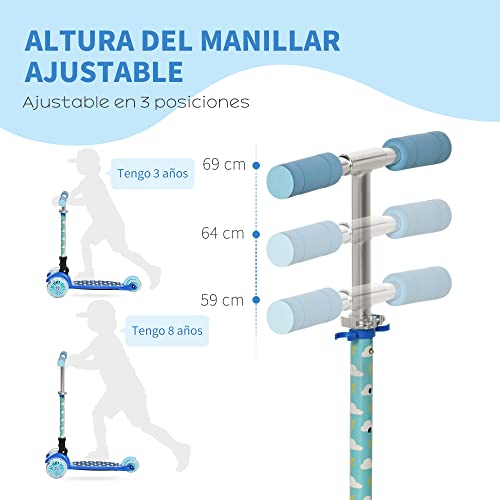 HOMCOM Patinete para Niños de +3 Años Plegable Patinete 3 Ruedas con Luces LED Manillar Altura Ajustable y Freno Posterior Carga Máxima 50 kg 54,7x32,5x59-69 cm Azul