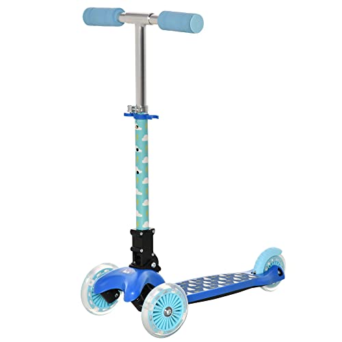 HOMCOM Patinete para Niños de +3 Años Plegable Patinete 3 Ruedas con Luces LED Manillar Altura Ajustable y Freno Posterior Carga Máxima 50 kg 54,7x32,5x59-69 cm Azul