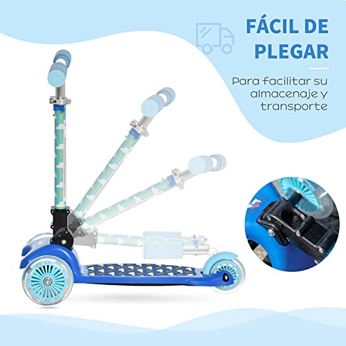 HOMCOM Patinete para Niños de +3 Años Plegable Patinete 3 Ruedas con Luces LED Manillar Altura Ajustable y Freno Posterior Carga Máxima 50 kg 54,7x32,5x59-69 cm Azul