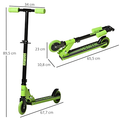 HOMCOM Patinete para Niños de +3 Años Plegable Scooter de 2 Ruedas con Manillar Altura Ajustable Freno Posterior y Pedal Antideslizante Carga 50 kg 67,7x34x79,5-89,5 cm Verde