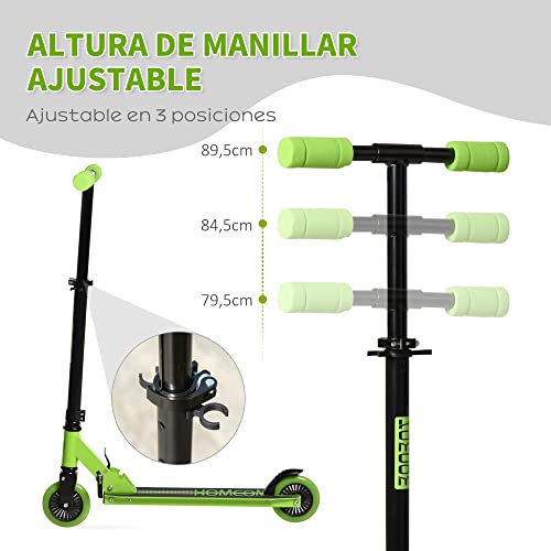 HOMCOM Patinete para Niños de +3 Años Plegable Scooter de 2 Ruedas con Manillar Altura Ajustable Freno Posterior y Pedal Antideslizante Carga 50 kg 67,7x34x79,5-89,5 cm Verde