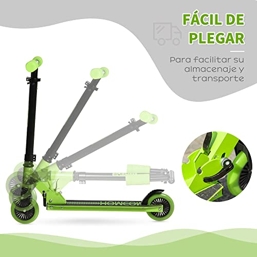 HOMCOM Patinete para Niños de +3 Años Plegable Scooter de 2 Ruedas con Manillar Altura Ajustable Freno Posterior y Pedal Antideslizante Carga 50 kg 67,7x34x79,5-89,5 cm Verde