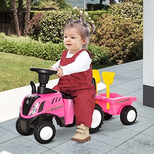 HOMCOM Tractor para Niños de 12-36 Meses con Remolque Extraíble Coche Correpasillos con Bocina Faros Pala y Rastrillo Carga 25 kg 91x29x44 cm Rosa