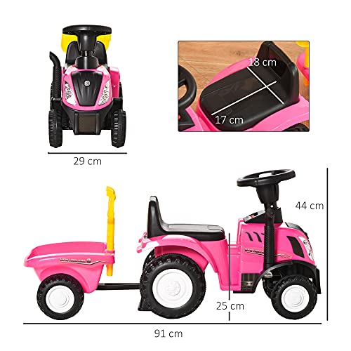 HOMCOM Tractor para Niños de 12-36 Meses con Remolque Extraíble Coche Correpasillos con Bocina Faros Pala y Rastrillo Carga 25 kg 91x29x44 cm Rosa