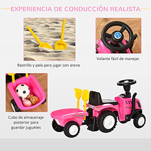 HOMCOM Tractor para Niños de 12-36 Meses con Remolque Extraíble Coche Correpasillos con Bocina Faros Pala y Rastrillo Carga 25 kg 91x29x44 cm Rosa