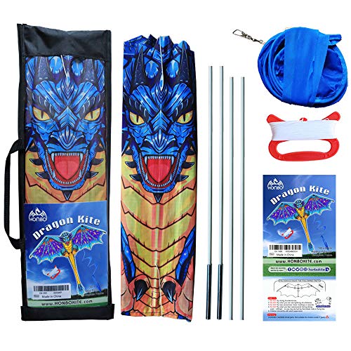 HONBO Dragon Kite para niños y adultos, fácil de volar, cometa principiante, 55 x 62 pulgadas con cola giratoria de 200 pies, cometas para niños (azul)