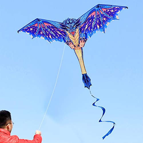 HONBO Dragon Kite para niños y adultos, fácil de volar, cometa principiante, 55 x 62 pulgadas con cola giratoria de 200 pies, cometas para niños (azul)