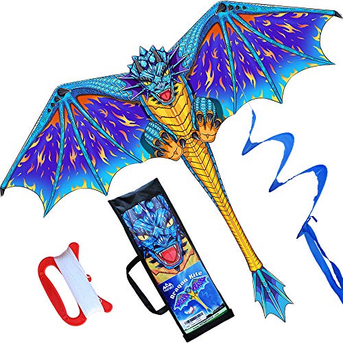 HONBO Dragon Kite para niños y adultos, fácil de volar, cometa principiante, 55 x 62 pulgadas con cola giratoria de 200 pies, cometas para niños (azul)