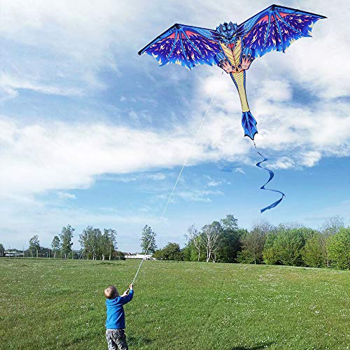 HONBO Dragon Kite para niños y adultos, fácil de volar, cometa principiante, 55 x 62 pulgadas con cola giratoria de 200 pies, cometas para niños (azul)