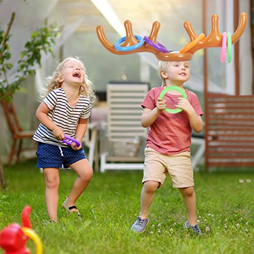 HONMOK 2pcs Juego de Lanzamiento de Anillos Toss Game Juego de Lanzamiento de Cuerno de Reno Marrón Sombreros inflables de Cuernos de Reno Anillos inflables para los niños Fiesta de Navidad PVC