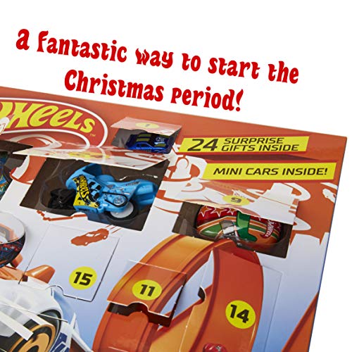 Hot Wheels Calendario Adviento, Calendario De Adviento con Juegos De Coches De Juguete, Incluye Vehículos Decorados y Accesorios, Calendario De Adviento De Navidad para Niños, Paquete Sorpresa