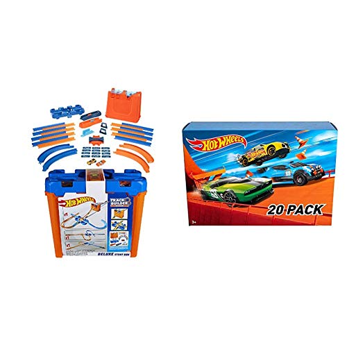 Hot Wheels - Track Buider Caja de Acrobacias Deluxe (Mattel GGP93) + Wheels - Pack De 20 Vehículos con Embalaje de Cartón, Coches de Juguete (Modelos Surtidos) (Mattel DXY59)