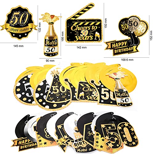 HOWAF Decoraciones de Fiesta 50 Cumpleaños,Remolinos Colgantes Techo de Oro Negro,Lámina Brillante Remolinos Colgantes para Fiestas de 50 Años Feliz Cumpleaños Decoracion para Hombres y Mujers,30 Pcs