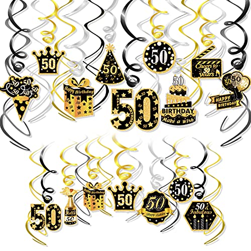 HOWAF Decoraciones de Fiesta 50 Cumpleaños,Remolinos Colgantes Techo de Oro Negro,Lámina Brillante Remolinos Colgantes para Fiestas de 50 Años Feliz Cumpleaños Decoracion para Hombres y Mujers,30 Pcs