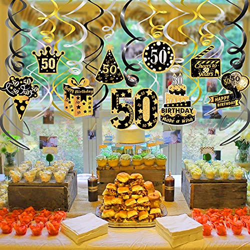 HOWAF Decoraciones de Fiesta 50 Cumpleaños,Remolinos Colgantes Techo de Oro Negro,Lámina Brillante Remolinos Colgantes para Fiestas de 50 Años Feliz Cumpleaños Decoracion para Hombres y Mujers,30 Pcs