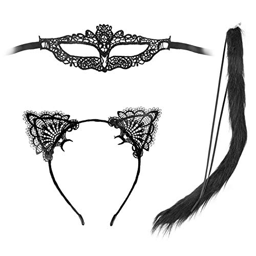 HOWAF Kit Disfraz de Gato Accesorios Diadema de Negro Orejas de Gato y Máscara y Cola para Mujeres Niñas Disfraces Fiesta Valentín,Halloween,Cumpleaños Cosplay