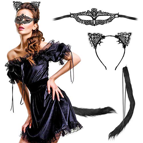 HOWAF Kit Disfraz de Gato Accesorios Diadema de Negro Orejas de Gato y Máscara y Cola para Mujeres Niñas Disfraces Fiesta Valentín,Halloween,Cumpleaños Cosplay