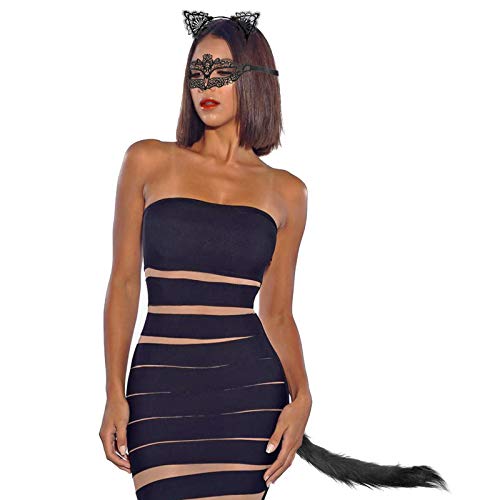 HOWAF Kit Disfraz de Gato Accesorios Diadema de Negro Orejas de Gato y Máscara y Cola para Mujeres Niñas Disfraces Fiesta Valentín,Halloween,Cumpleaños Cosplay