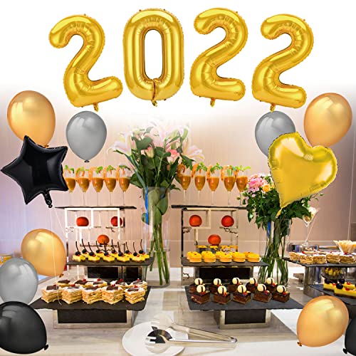 HOWAF Nochevieja 2022 decoración de Año Nuevo Fiestas, 40Inch número 2022 Globos Gigantes y 18Inch Globos en Forma de Estrella (4pcs) Dorados Negro Plata de Látex Globos (30pcs)