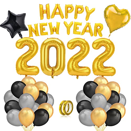 HOWAF Nochevieja 2022 decoración de Año Nuevo Fiestas, 40Inch número 2022 Globos Gigantes y 18Inch Globos en Forma de Estrella (4pcs) Dorados Negro Plata de Látex Globos (30pcs)