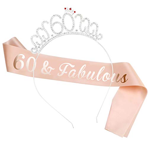 HOWAF Oro Rosa 60 cumpleaños Faja de satén cumpleaños Banda, 60 Diadema Tiara para Mujer 60 Años cumpleaños Fiesta de Decoración Accesorios Regalo Mujer