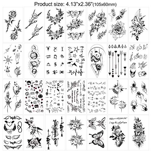 HOWAF Pequeños tatuajes impermeables temporales 60 Hojas,luna, brújula,estrellas,ancla, palabras, líneas, flores,cráneo,cruz,araña para niños, adultos, hombres y mujeres