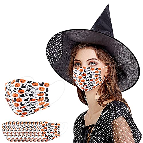 Hundakvy 50 piezas Máscara_de Halloween, Halloween Adulto_Mascarillas_Desechables Protección_de_3_Capas Calabaza Murciélago Bruja Fantasma Estampado para Víspera de Todos los Santos (D03)