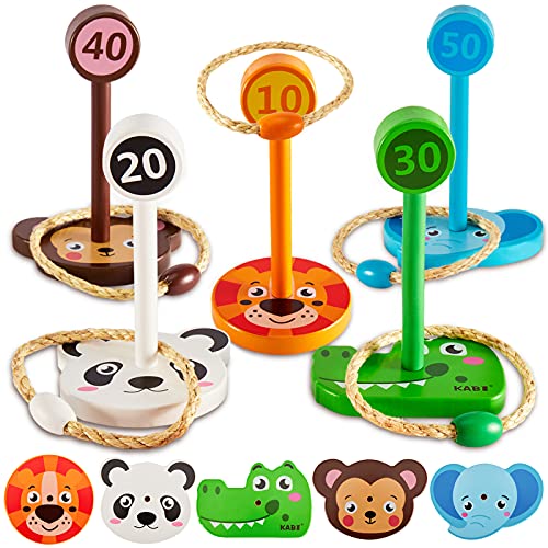 HYAKIDS Juegos al Aire Libre Animales Lanzamiento Anillos para Niños Juguetes de Madera Juego Anillas Niños - Juegos de Anillos de Jardín Interior y Exterior para Familias Niños Niñas 3 4 5 Años