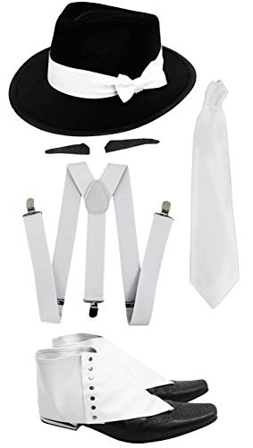 I LOVE FANCY DRESS LTD Conjunto DE GÁNGSTERS para Adultos Kit DE Disfraces Accesorio - Tirantes Blancos + Corbata Blanca + SPIV Tash + Polainas + Sombrero TIROLÉS Negro Fiestas DE Disfraces