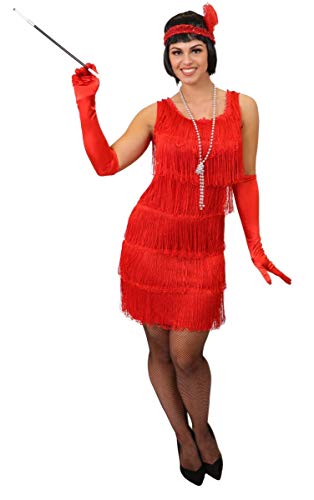 I LOVE FANCY DRESS LTD - Disfraz para mujer de los años 20 con este maravilloso vestido rojo con flecos en la parte delantera y detrás estilo Charleston + accesorios (grande)