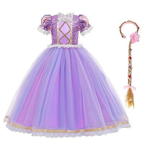 IDOPIP Disfraz de Princesa Rapunzel Niña Sofía Vestido Fiesta Carnaval Cosplay Halloween Costume para Chicas con Peluca Morado 08 4-5 Años